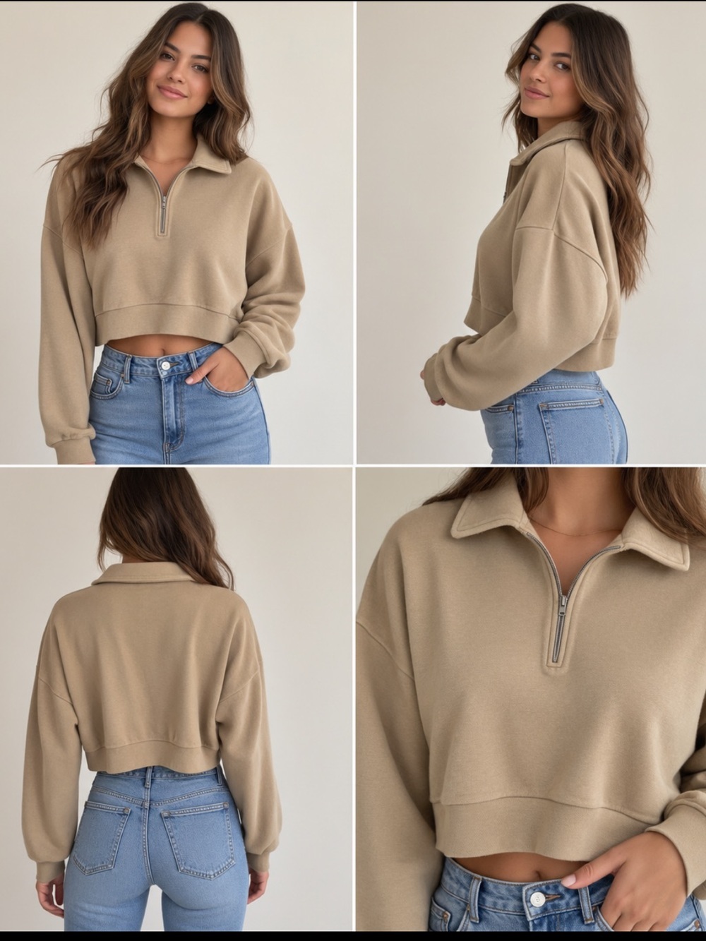 Forever 21 Cropped Quarter Zip Pullover Collared Sweatshirt Tan S NWT